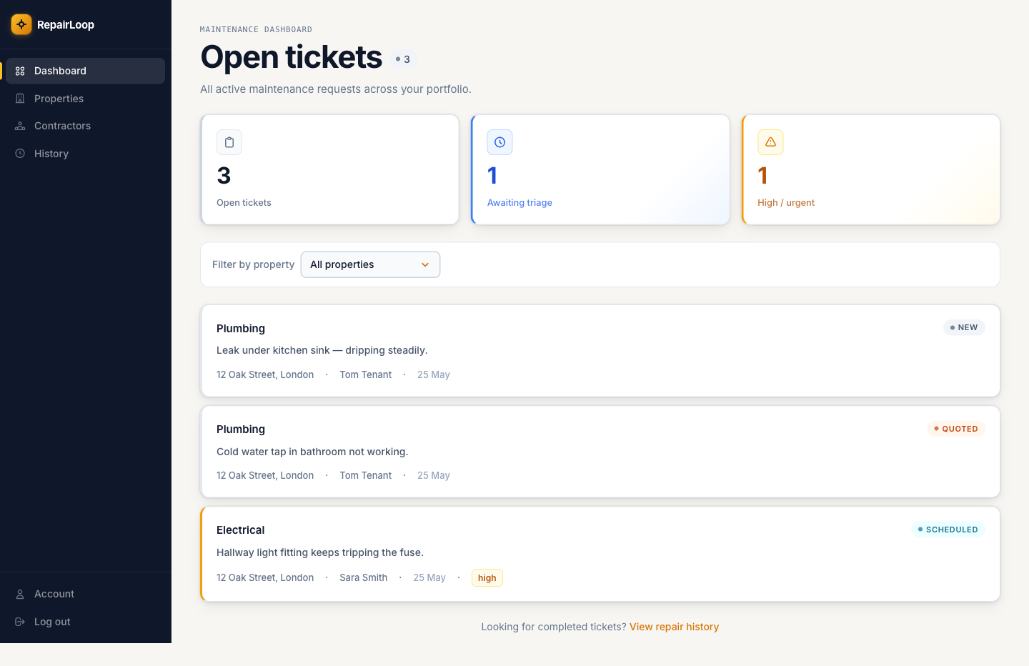 FixRoute landlord dashboard — all repairs tracked across properties
